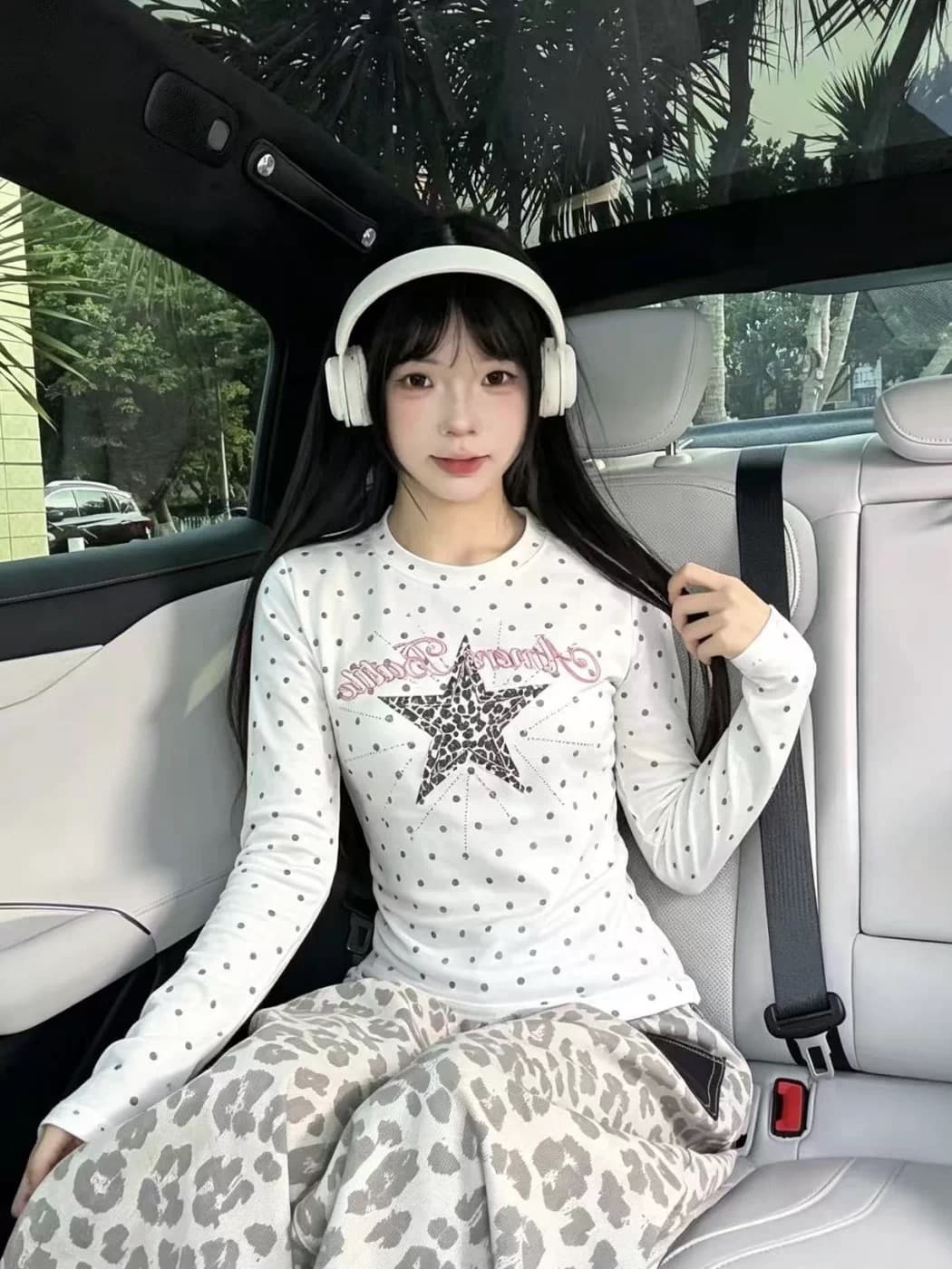 220 그램 40 빗질하다 92 면 천년기 바람 핫걸 도트 무늬 슬림해 보이는 허리 수축 몸매 가꾸기 긴팔 봄 가을 티셔츠 여성 상세 이미지 2