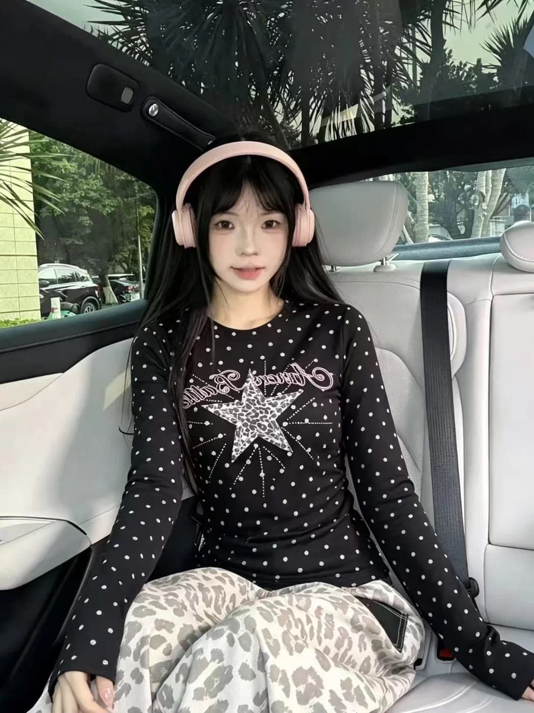 220 그램 40 빗질하다 92 면 천년기 바람 핫걸 도트 무늬 슬림해 보이는 허리 수축 몸매 가꾸기 긴팔 봄 가을 티셔츠 여성 상세 이미지 3