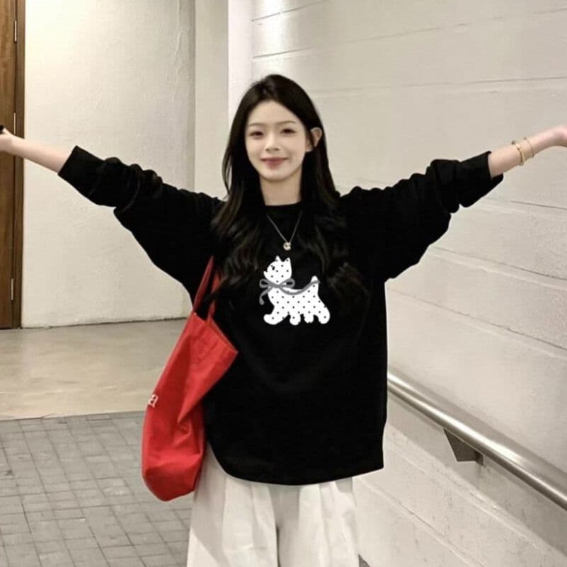경관 그림 210 그램 21 이후 패키지 칼라 프린트 가을 의상 긴팔 티셔츠 여성 루즈핏 순면 라운드 넥 맨위
