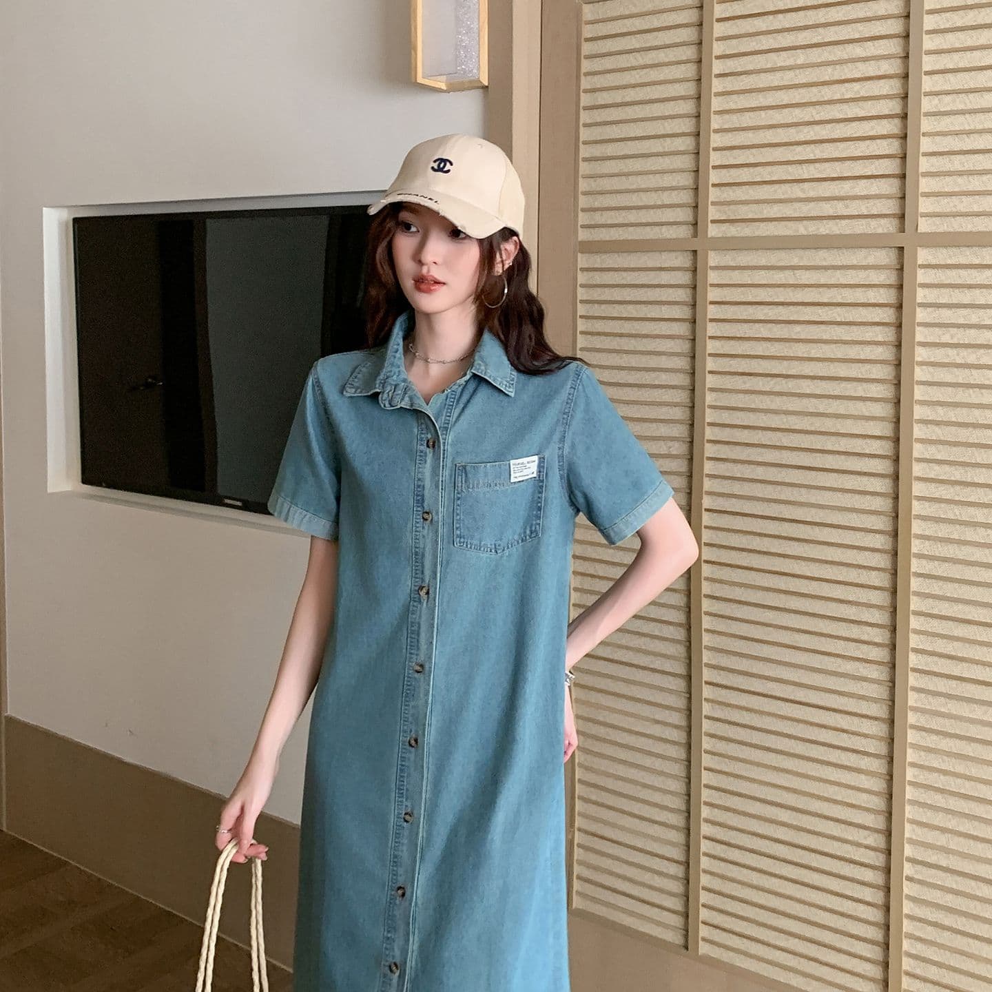 실사 정가 여름 반팔 캐주얼 루즈핏 데님 여성 드레스 새로운 항구 바람 레트로 셔츠 치마 이미지 4
