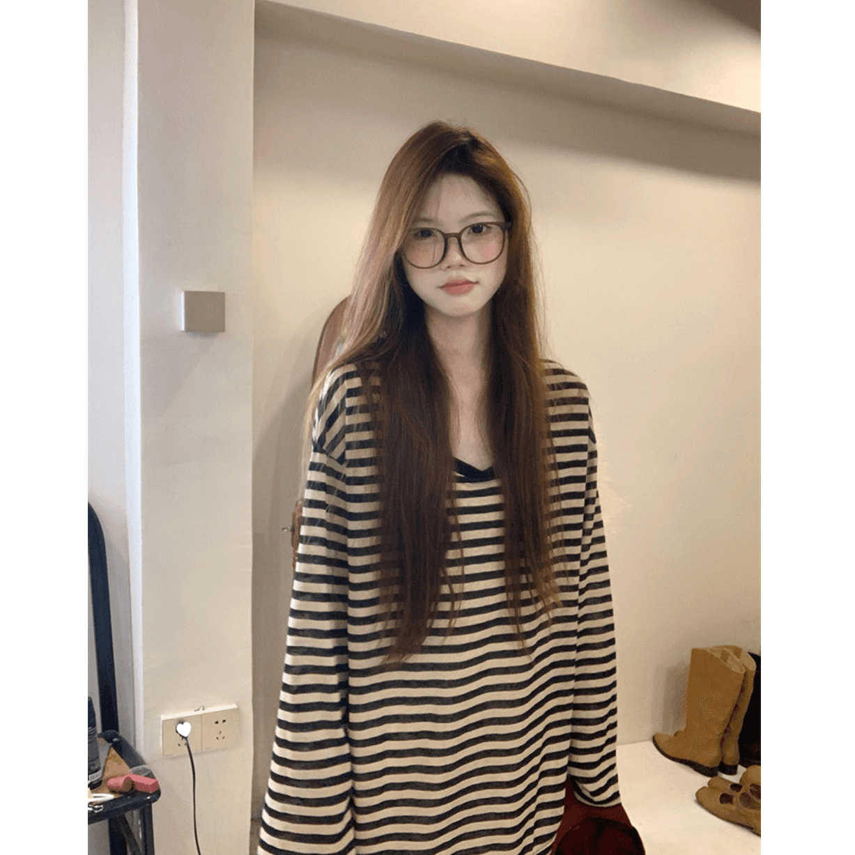 아메리칸 레트로 핫걸 스트라이프 긴팔 티셔츠 여성 여름 디자인 센스 슬림해 보이는 연령 감소 느긋한 바람 다용도 맨위 트렌디 이미지 4