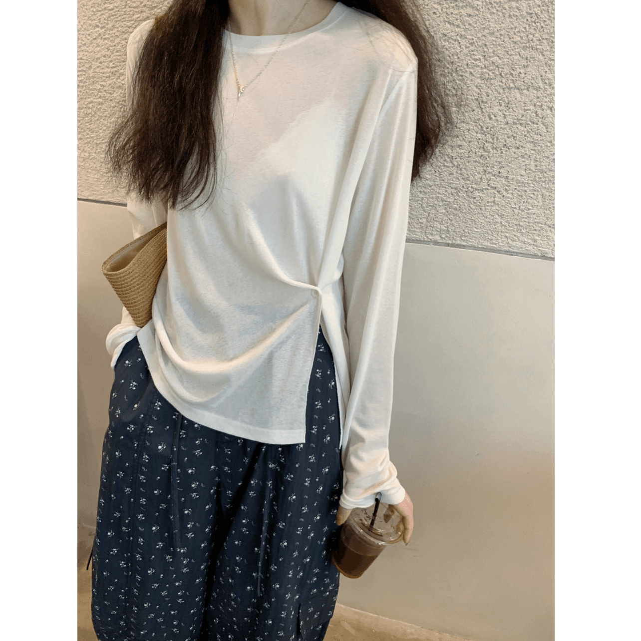 측면 부서 버클 허리 수축 긴팔 단색 라이 경기 서울 주간 실크 눈꽃 면 티셔츠 여성 자외선 차단 블라우스 맨위 슬림해 보이는 여름 얇은 이미지 3