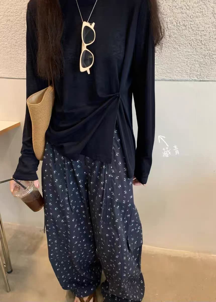 측면 부서 버클 허리 수축 긴팔 단색 라이 경기 서울 주간 실크 눈꽃 면 티셔츠 여성 자외선 차단 블라우스 맨위 슬림해 보이는 여름 얇은 상세 이미지 11