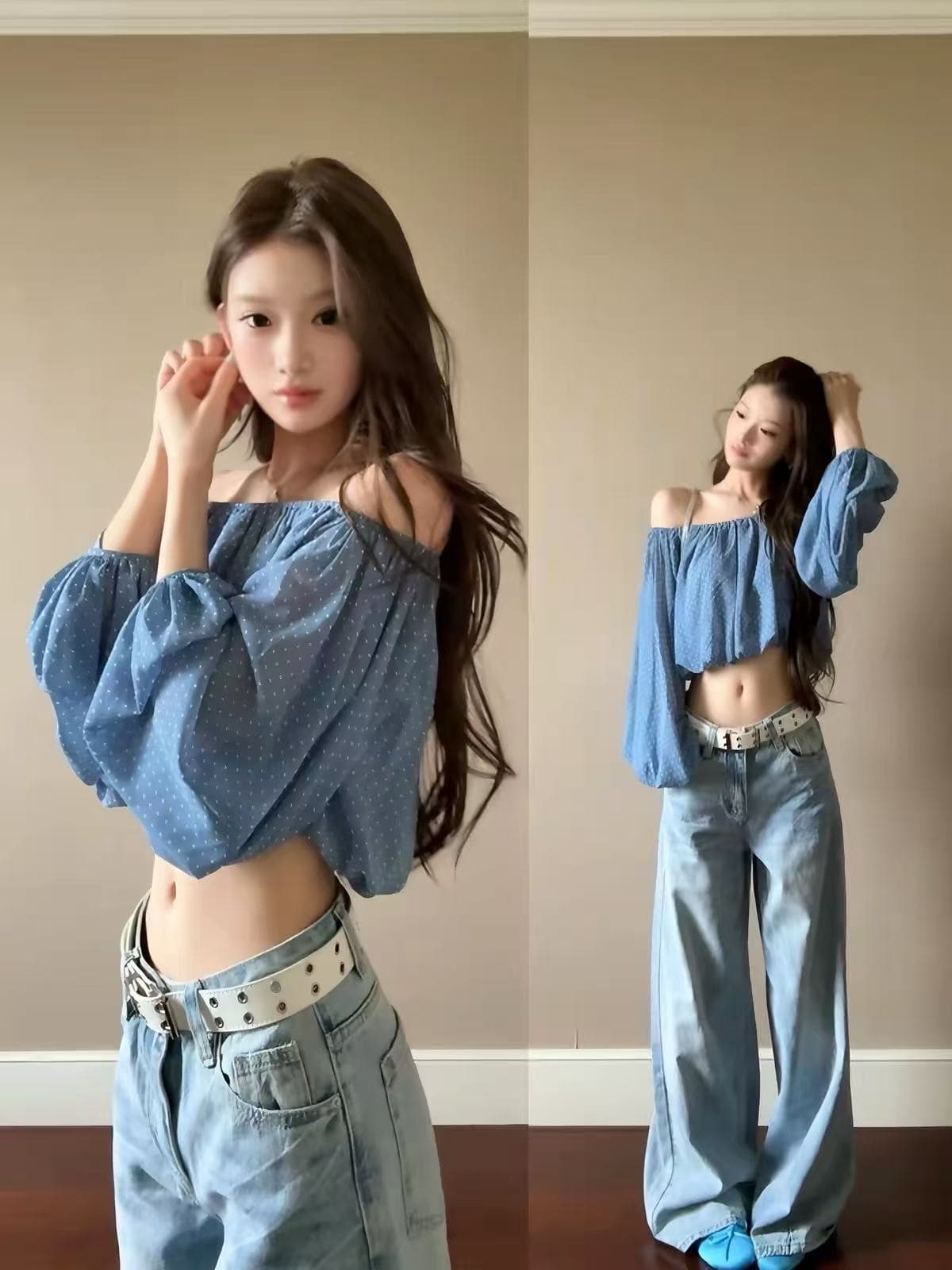정가 파란색 도트 무늬 오프숄더 여성 셔츠 여름 순수한 욕망 섹시함 핫걸 허리 수축 쇼트 스타일 이슬 뼈의 맨위