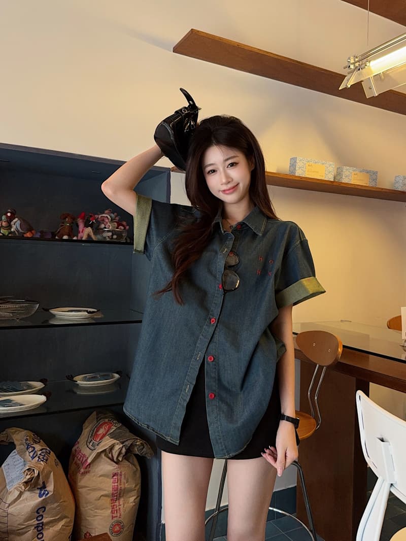 실사 한 부서 레트로 배색 알파벳 자수 데님 여성 셔츠 여름 느긋한 캐주얼 반팔 맨위 재킷 상세 이미지 13