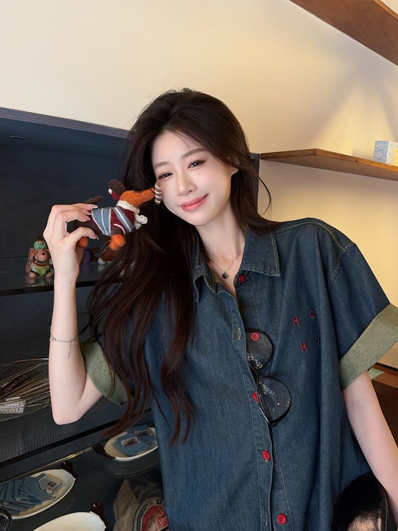 실사 한 부서 레트로 배색 알파벳 자수 데님 여성 셔츠 여름 느긋한 캐주얼 반팔 맨위 재킷 상세 이미지 14