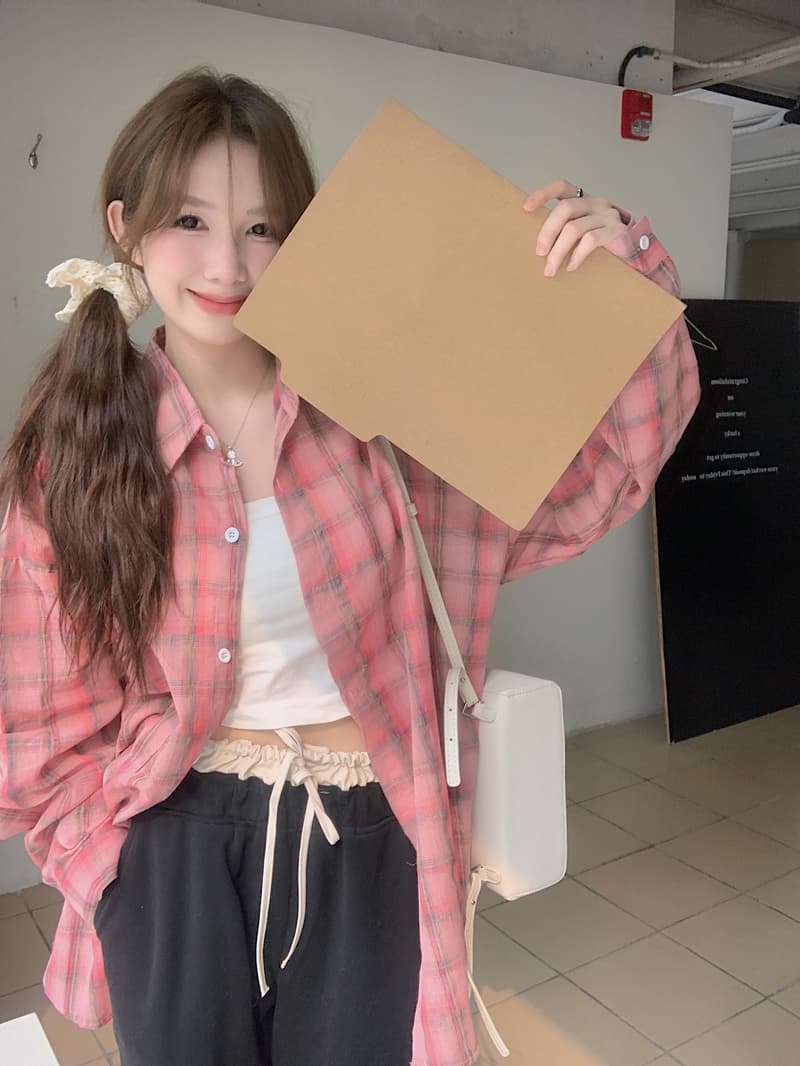 실사 한국 스타일 품격 핑크색 체크무늬 여성 셔츠 봄 여름 패션 루즈핏 통기성 긴팔 셔츠 재킷 자외선 차단 이미지 4
