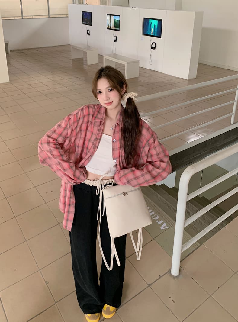 실사 한국 스타일 품격 핑크색 체크무늬 여성 셔츠 봄 여름 패션 루즈핏 통기성 긴팔 셔츠 재킷 자외선 차단 상세 이미지 3