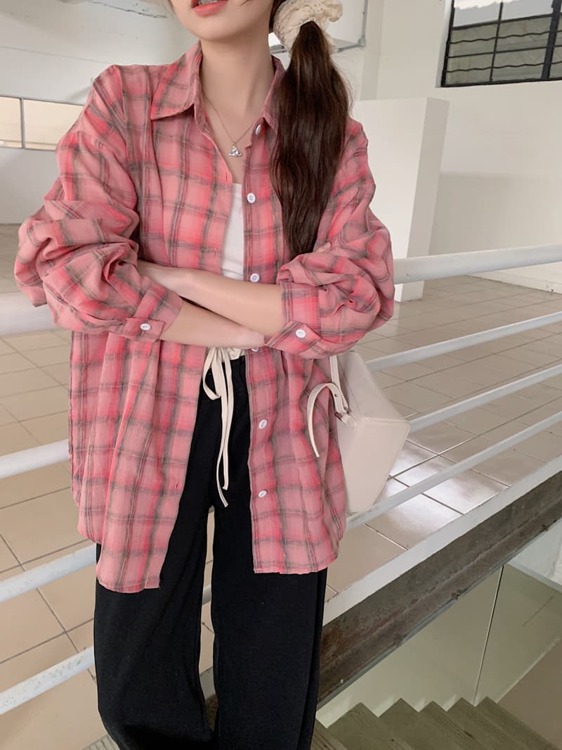 실사 한국 스타일 품격 핑크색 체크무늬 여성 셔츠 봄 여름 패션 루즈핏 통기성 긴팔 셔츠 재킷 자외선 차단 상세 이미지 5
