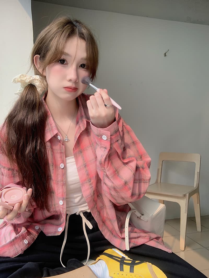 실사 한국 스타일 품격 핑크색 체크무늬 여성 셔츠 봄 여름 패션 루즈핏 통기성 긴팔 셔츠 재킷 자외선 차단 상세 이미지 8