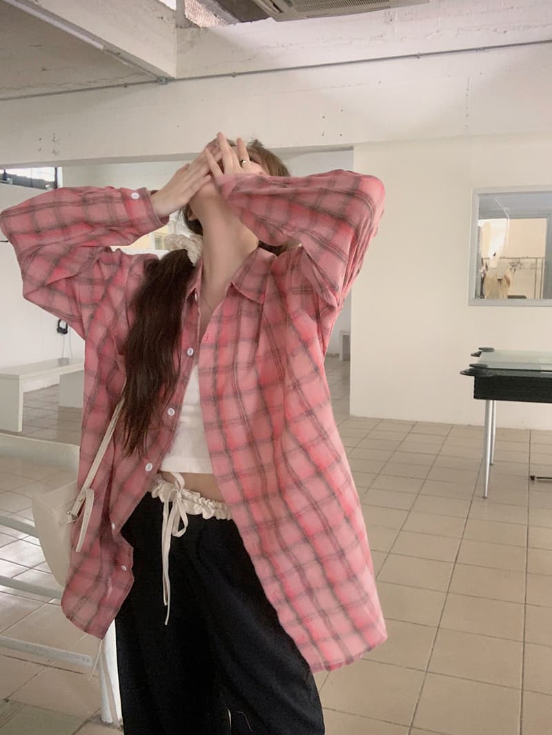 실사 한국 스타일 품격 핑크색 체크무늬 여성 셔츠 봄 여름 패션 루즈핏 통기성 긴팔 셔츠 재킷 자외선 차단 상세 이미지 13