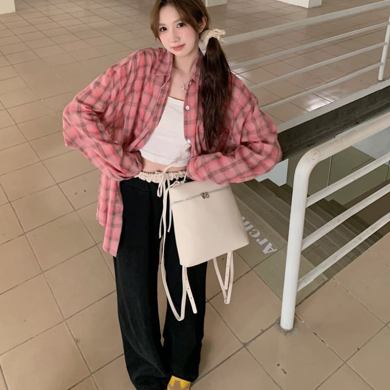 실사 한국 스타일 품격 핑크색 체크무늬 여성 셔츠 봄 여름 패션 루즈핏 통기성 긴팔 셔츠 재킷 자외선 차단 이미지 5