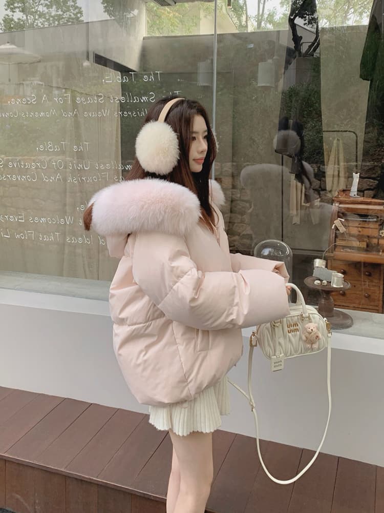 핑크색 폭스 큰 모피 칼라 후드 쇼트 스타일 다운 재킷 여성 2025 년 겨울 한국 스타일 루즈핏 두꺼운 보온 재킷 상세 이미지 1