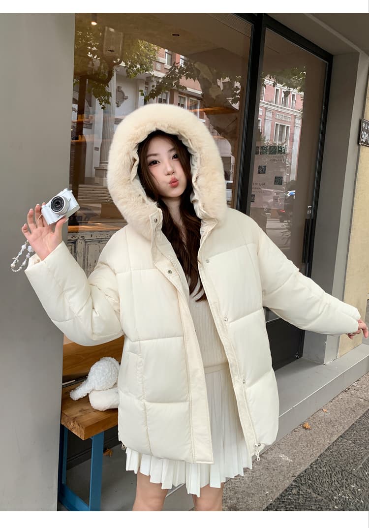 실사 아래 면화 의류 겨울 후드 두꺼운 큰 모피 칼라 중간 길이 작은 키 빵 외투 면 옷 상세 이미지 22