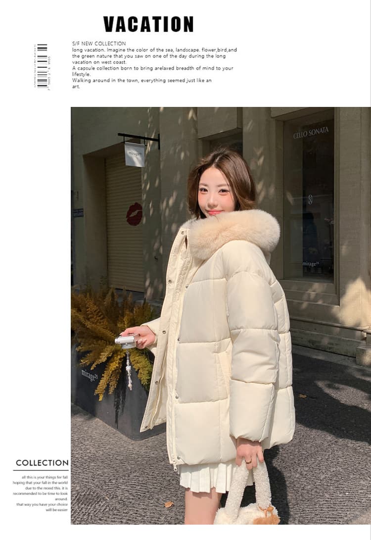 실사 아래 면화 의류 겨울 후드 두꺼운 큰 모피 칼라 중간 길이 작은 키 빵 외투 면 옷 상세 이미지 27