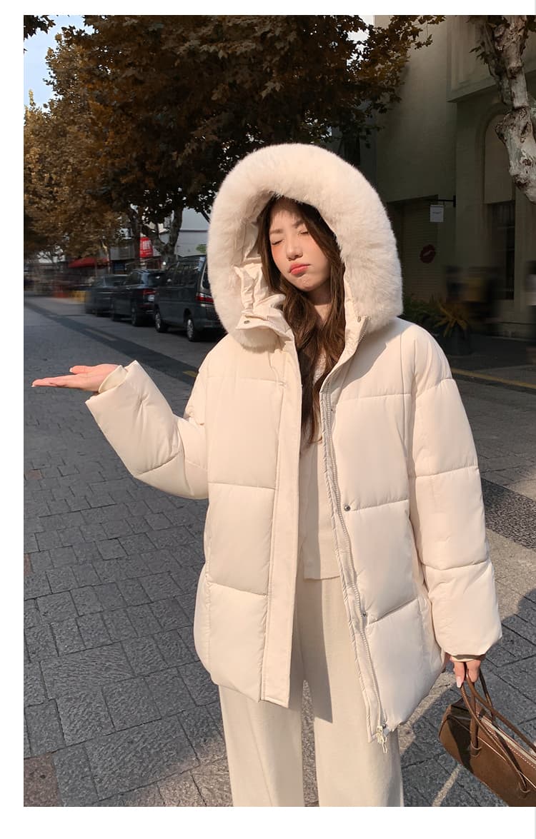 실사 아래 면화 의류 겨울 후드 두꺼운 큰 모피 칼라 중간 길이 작은 키 빵 외투 면 옷 상세 이미지 38