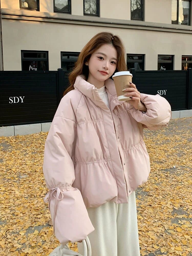 작은 키 버블 푸 허리 수축 아래 면화 의류 여성 겨울 쇼트 스타일 2026 새로운 한 부서 학원 스탠드 칼라 빵 외투 이미지 5