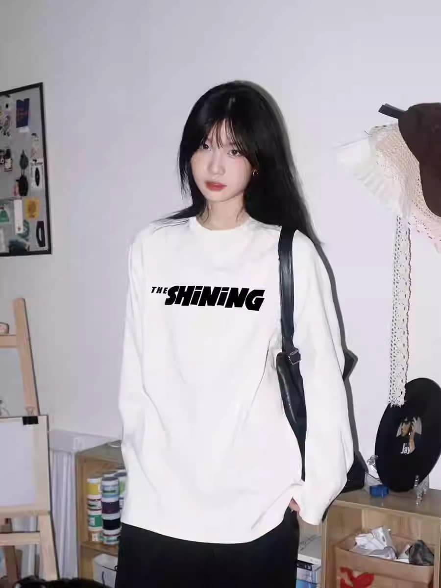 경관 그림 21 순면 210 그램 가을 의상 긴팔 티셔츠 여성 루즈핏 맨위 프린트