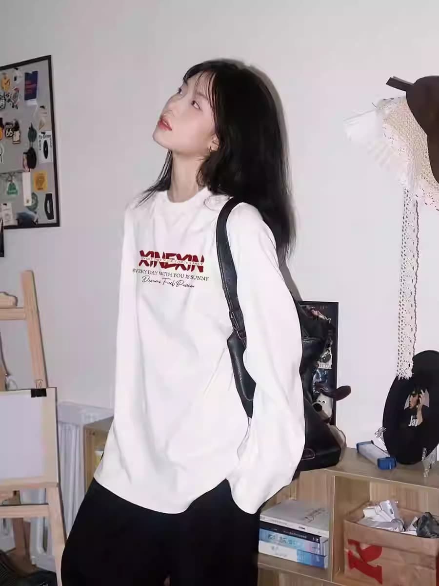 경관 그림 21 순면 210 그램 가을 의상 긴팔 티셔츠 여성 루즈핏 맨위 프린트 이미지 2