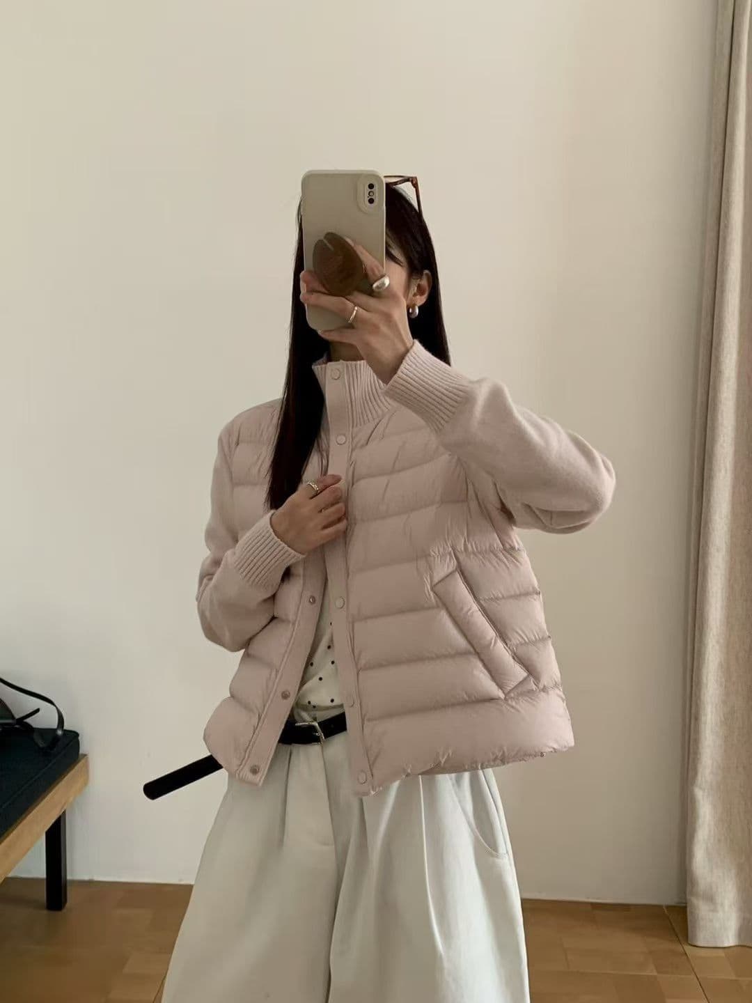 2026 한 부서 가을 겨울 새로운 패션 니트 스탠드 칼라 패치워크 아래 면화 의류 보온 얇고 가벼운 만나는 여성 코트 상세 이미지 5