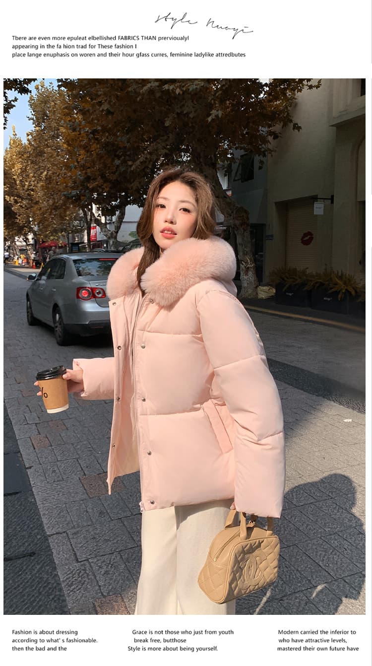실사 폭스 큰 모피 칼라 후드 쇼트 스타일 다운 재킷 여성 작은 키 겨울 한국 스타일 루즈핏 두꺼운 보온 재킷 상세 이미지 1