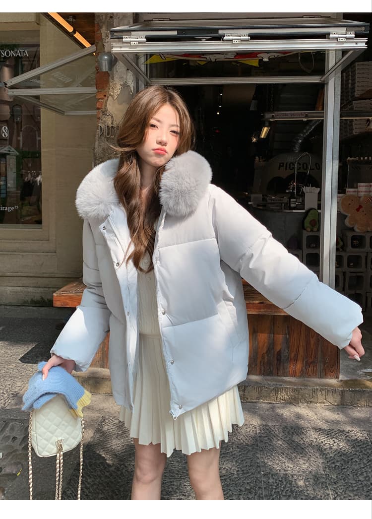 실사 폭스 큰 모피 칼라 후드 쇼트 스타일 다운 재킷 여성 작은 키 겨울 한국 스타일 루즈핏 두꺼운 보온 재킷 상세 이미지 17
