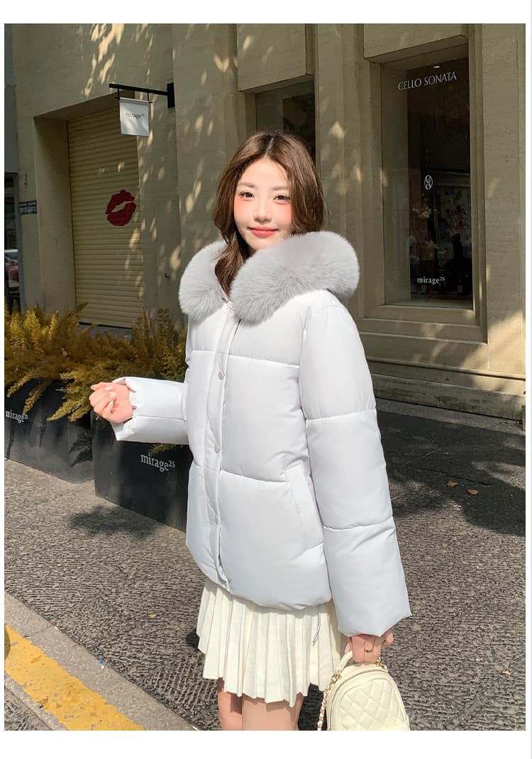 실사 폭스 큰 모피 칼라 후드 쇼트 스타일 다운 재킷 여성 작은 키 겨울 한국 스타일 루즈핏 두꺼운 보온 재킷 상세 이미지 21