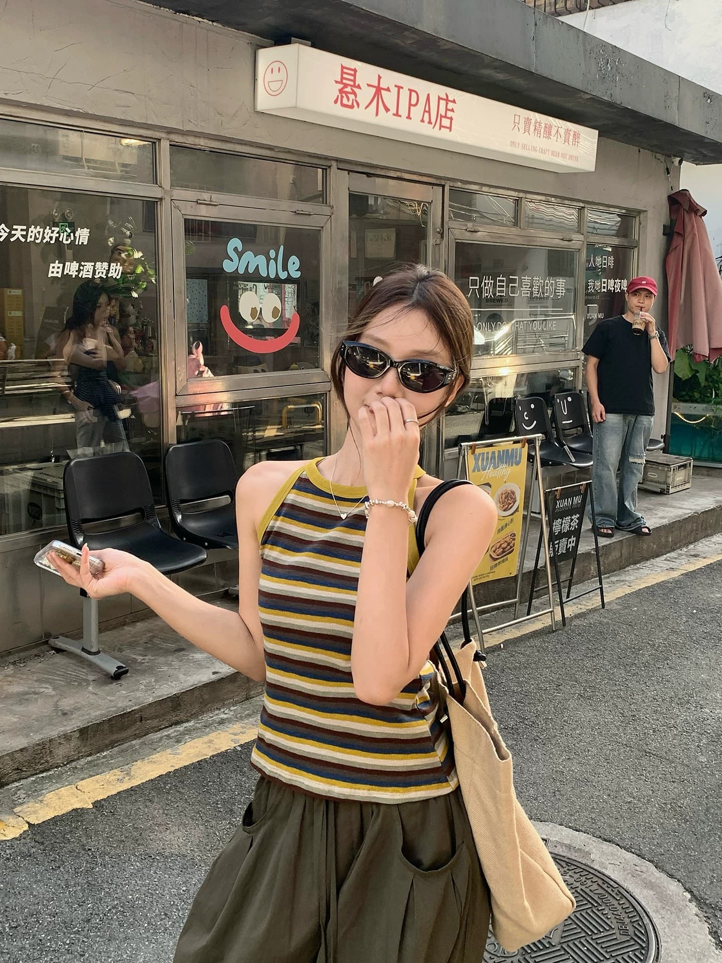 우 77 레트로 황색 스트라이프 행침 목 캐미솔 여자 여름 몸매 가꾸기 슬림해 보이는 다용도 쇼트 스타일 민소매 맨위 새로운 상세 이미지 4