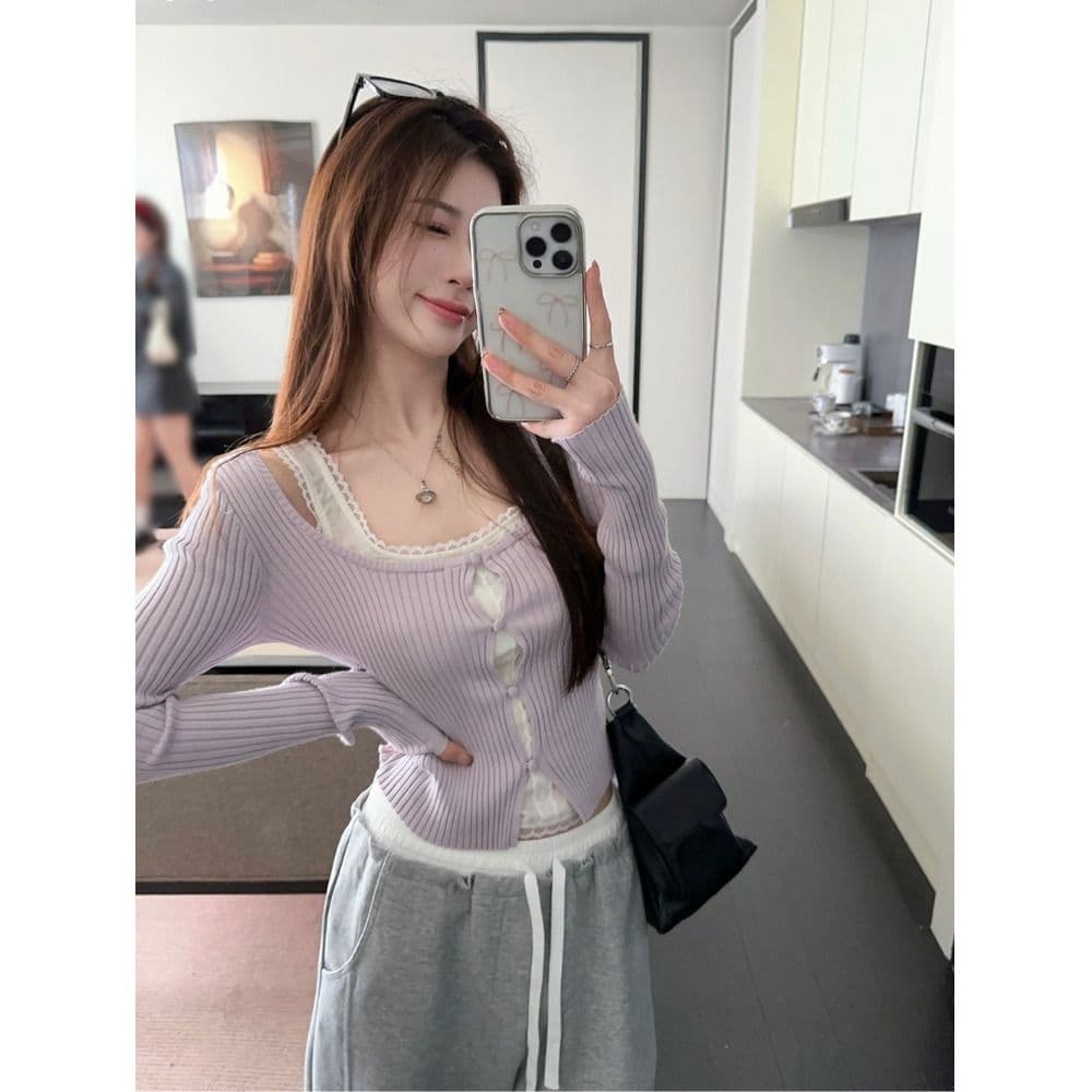 한 부서 페이크 레이어드 보라색 니트 기본 셔츠 여성 이른 가을 chic 달콤한 핫걸 레이스 레이스 인사이드 가져 가라. 쇼트 스타일 맨위