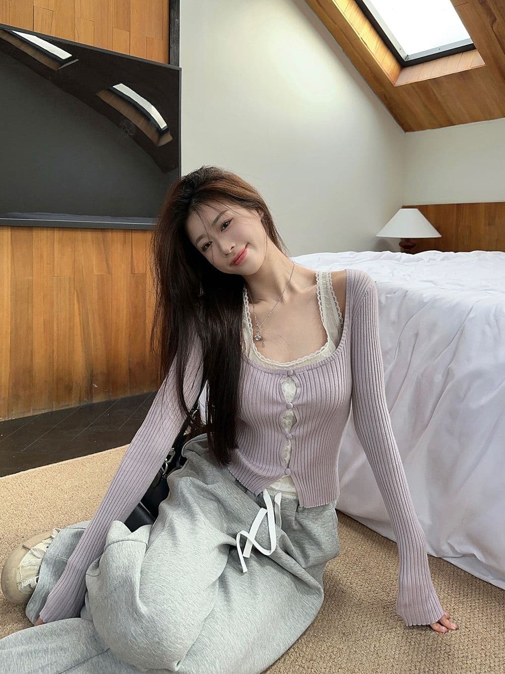한 부서 페이크 레이어드 보라색 니트 기본 셔츠 여성 이른 가을 chic 달콤한 핫걸 레이스 레이스 인사이드 가져 가라. 쇼트 스타일 맨위 상세 이미지 3