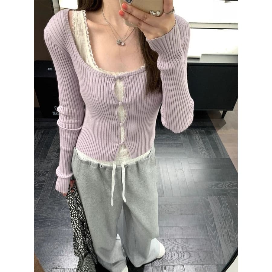 한 부서 페이크 레이어드 보라색 니트 기본 셔츠 여성 이른 가을 chic 달콤한 핫걸 레이스 레이스 인사이드 가져 가라. 쇼트 스타일 맨위