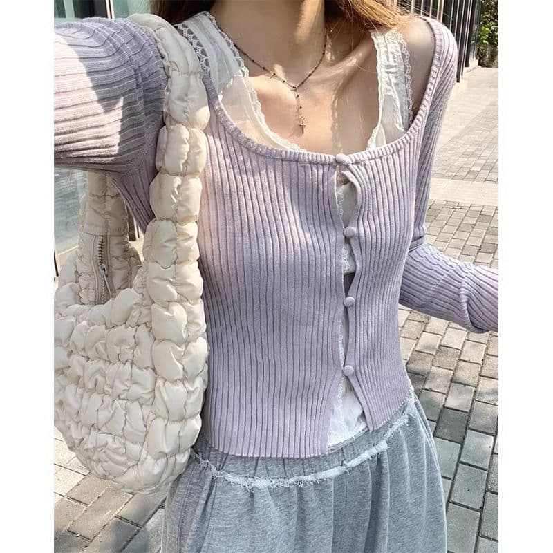 한 부서 페이크 레이어드 보라색 니트 기본 셔츠 여성 이른 가을 chic 달콤한 핫걸 레이스 레이스 인사이드 가져 가라. 쇼트 스타일 맨위 상세 이미지 3