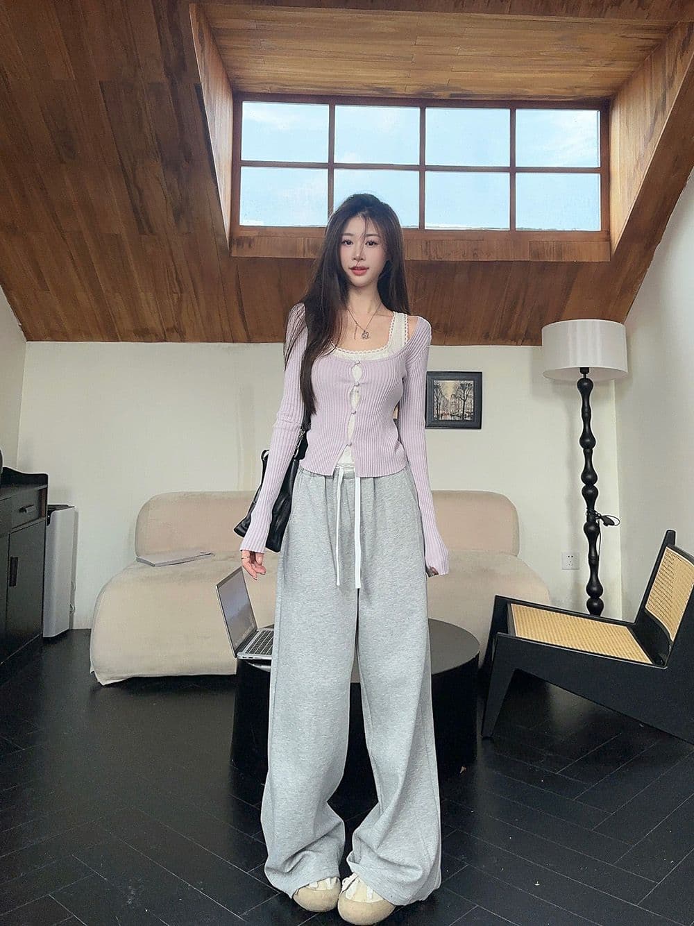 한 부서 페이크 레이어드 보라색 니트 기본 셔츠 여성 이른 가을 chic 달콤한 핫걸 레이스 레이스 인사이드 가져 가라. 쇼트 스타일 맨위 상세 이미지 8