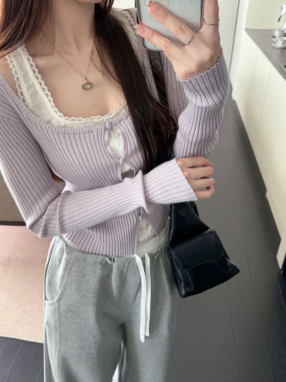 한 부서 페이크 레이어드 보라색 니트 기본 셔츠 여성 이른 가을 chic 달콤한 핫걸 레이스 레이스 인사이드 가져 가라. 쇼트 스타일 맨위 상세 이미지 11