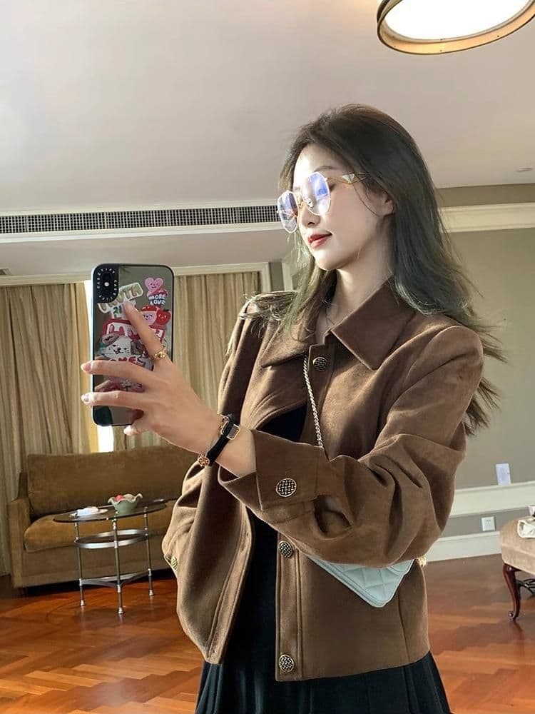 아름다움 라드. 스웨이드 원단 재킷 여성 짧은 2026 봄 가을 새로운 레트로 루즈핏 작은 키 얇은 스타일 재킷 맨위 상세 이미지 2