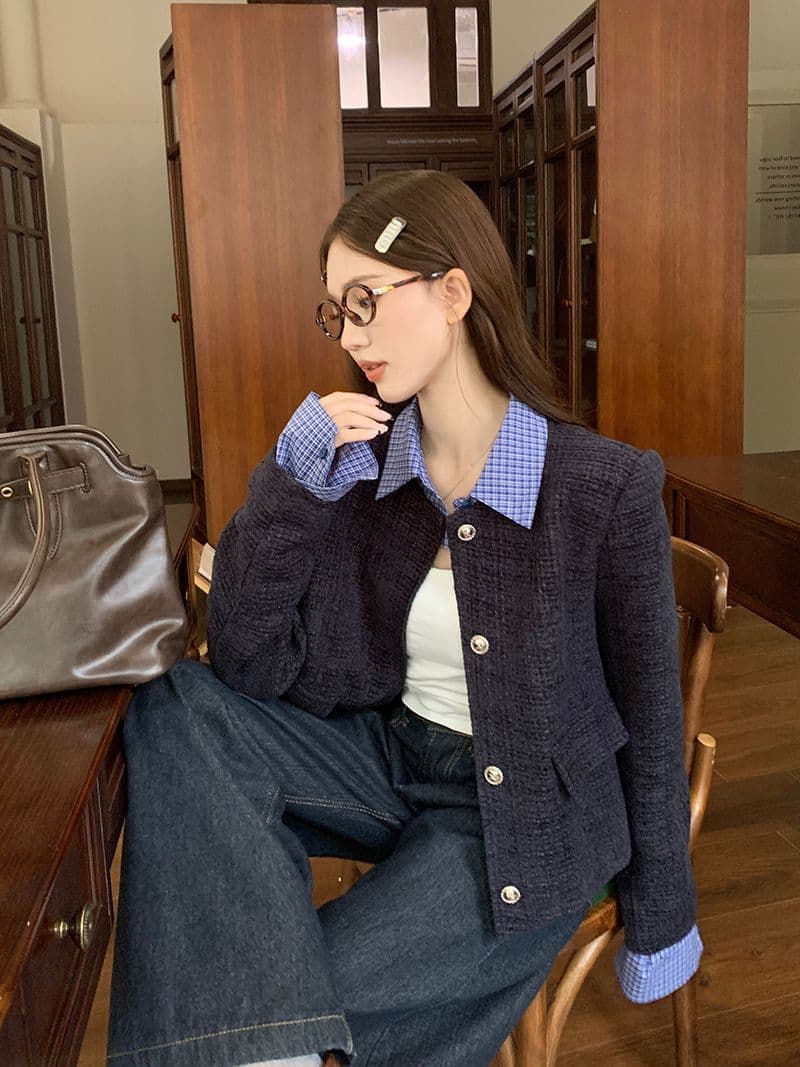 한 부서 페이크 레이어드 패치워크 폴로 칼라 작은 샤넬 스타일 여성 코트 가을 새로운 루즈핏 캐주얼 쇼트 스타일 재킷 맨위 트렌디 상세 이미지 11