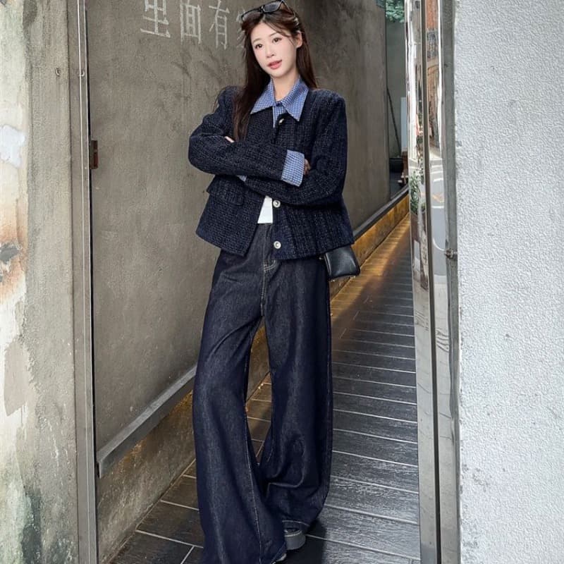 한 부서 페이크 레이어드 패치워크 폴로 칼라 작은 샤넬 스타일 여성 코트 가을 새로운 루즈핏 캐주얼 쇼트 스타일 재킷 맨위 트렌디 이미지 5