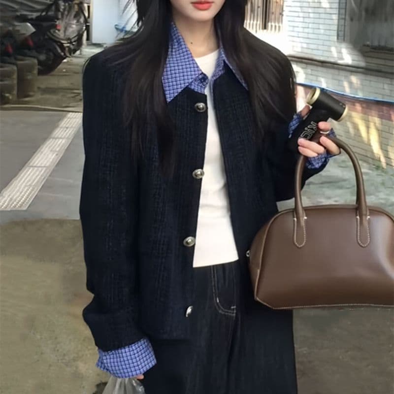 한 부서 페이크 레이어드 패치워크 폴로 칼라 작은 샤넬 스타일 여성 코트 가을 새로운 루즈핏 캐주얼 쇼트 스타일 재킷 맨위 트렌디