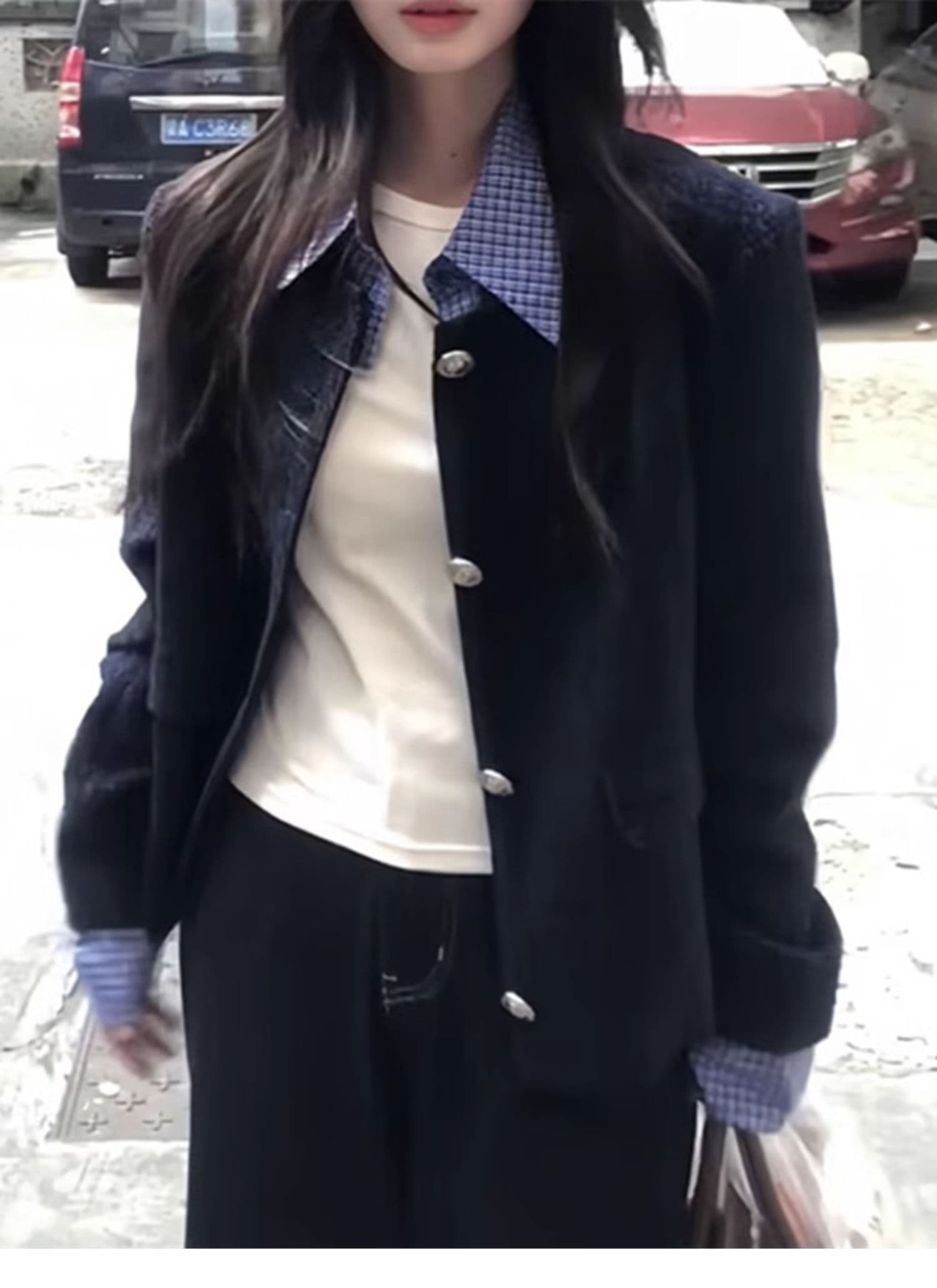 한 부서 페이크 레이어드 패치워크 폴로 칼라 작은 샤넬 스타일 여성 코트 가을 새로운 루즈핏 캐주얼 쇼트 스타일 재킷 맨위 트렌디 상세 이미지 3