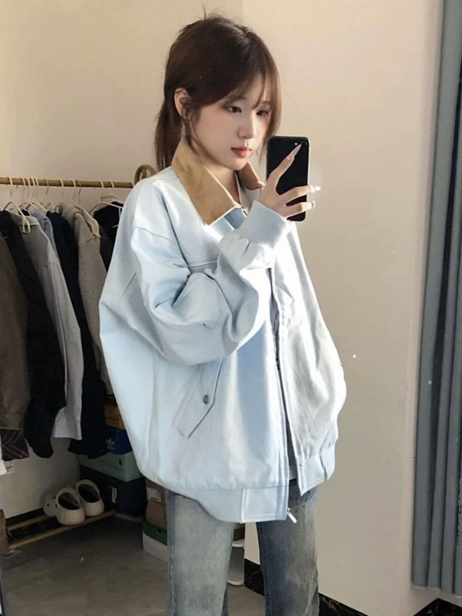 아메리칸 레트로 여성 코트 봄 가을 2026 새로운 조수 브랜드 배색 폴로 칼라 루즈핏 커플 재킷 야구 유니폼 오픈 가디건 상세 이미지 5