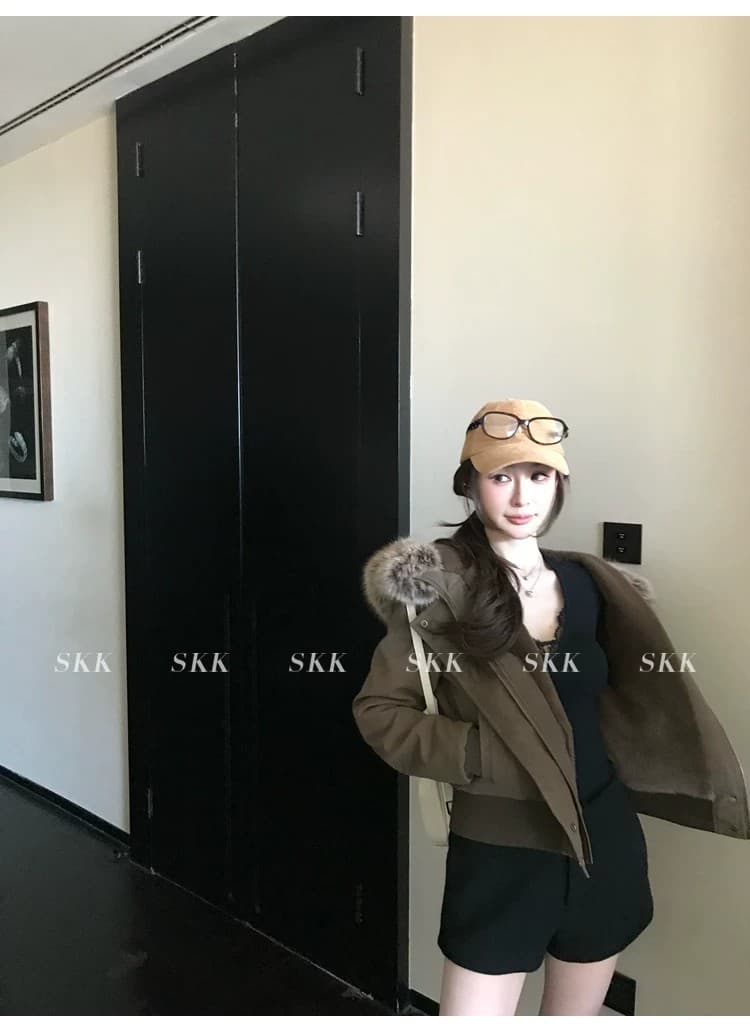 2026 새로운 슈퍼 잘 생긴 후드 큰 모피 칼라 문 襟 아래 면화 의류 스웨이드 오토바이 서비스 보온 여성 코트 상세 이미지 4
