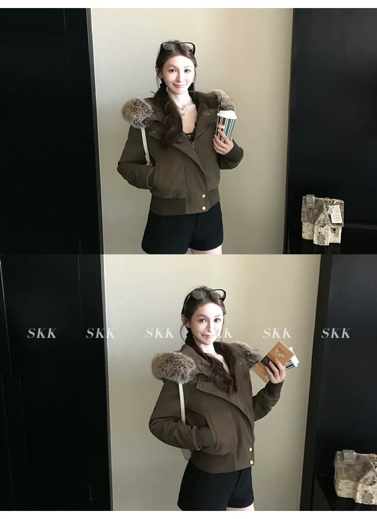 2026 새로운 슈퍼 잘 생긴 후드 큰 모피 칼라 문 襟 아래 면화 의류 스웨이드 오토바이 서비스 보온 여성 코트 상세 이미지 19