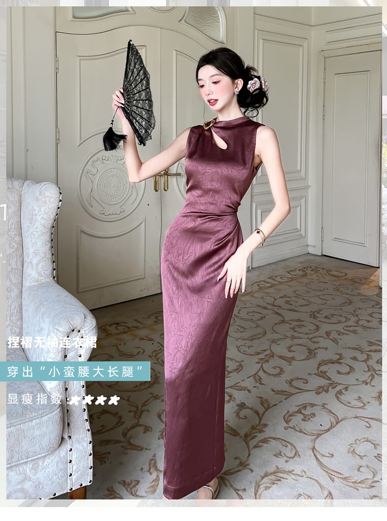 실사 2026 여름 새로운 럭셔리 빛 새틴 잡아라. 주름 질감 물방울 홀로우 아웃 맞춤 핀 핀치 Pleat 민소매 드레스 상세 이미지 1