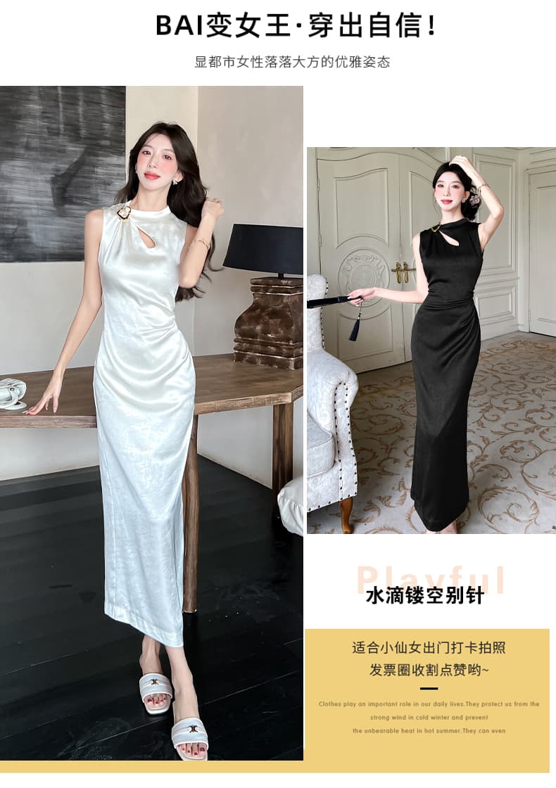 실사 2026 여름 새로운 럭셔리 빛 새틴 잡아라. 주름 질감 물방울 홀로우 아웃 맞춤 핀 핀치 Pleat 민소매 드레스 상세 이미지 3