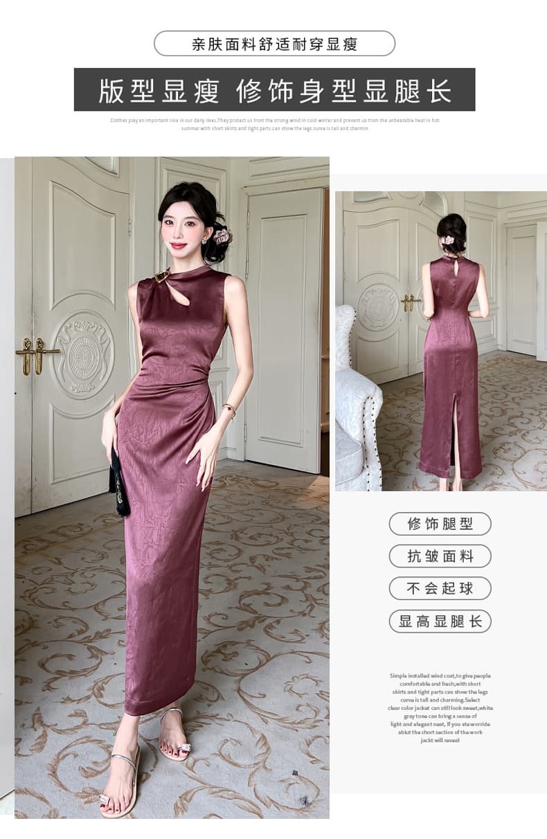 실사 2026 여름 새로운 럭셔리 빛 새틴 잡아라. 주름 질감 물방울 홀로우 아웃 맞춤 핀 핀치 Pleat 민소매 드레스 상세 이미지 4