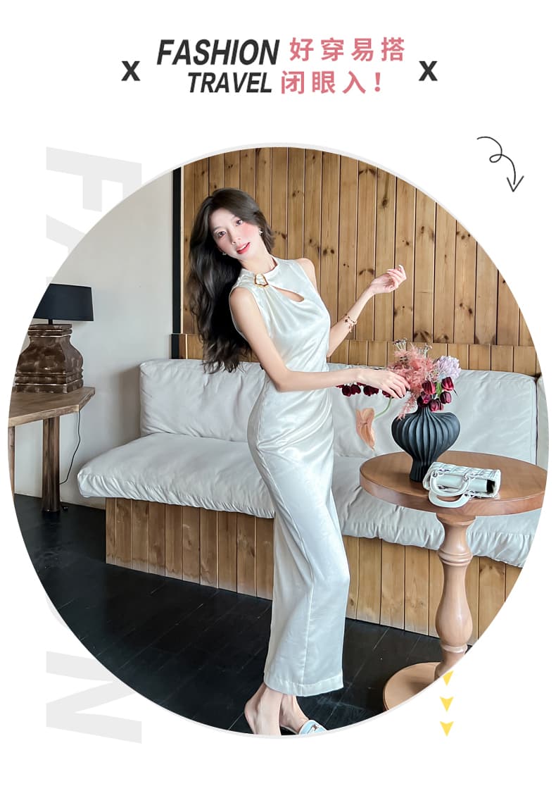 실사 2026 여름 새로운 럭셔리 빛 새틴 잡아라. 주름 질감 물방울 홀로우 아웃 맞춤 핀 핀치 Pleat 민소매 드레스 상세 이미지 5