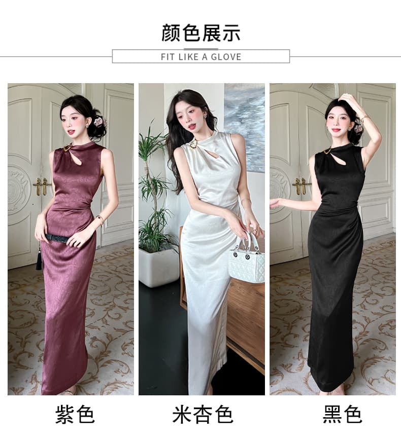 실사 2026 여름 새로운 럭셔리 빛 새틴 잡아라. 주름 질감 물방울 홀로우 아웃 맞춤 핀 핀치 Pleat 민소매 드레스 상세 이미지 9