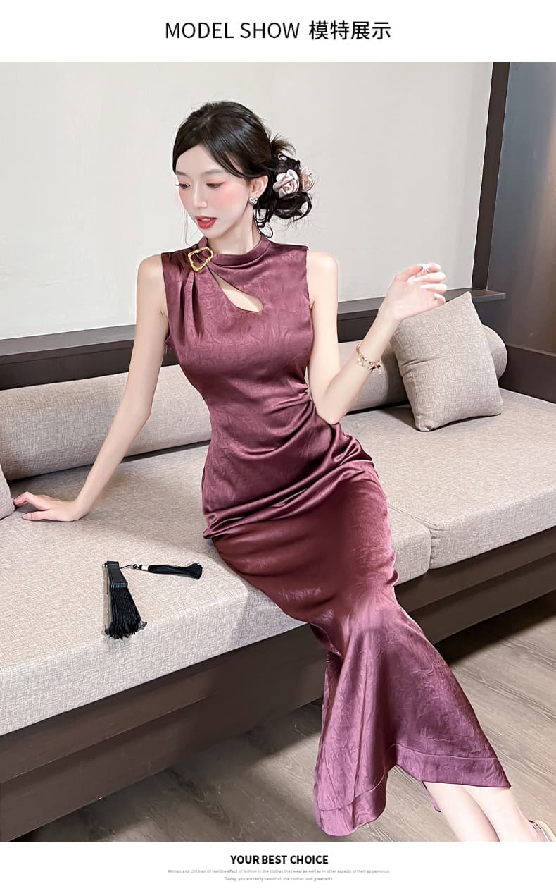 실사 2026 여름 새로운 럭셔리 빛 새틴 잡아라. 주름 질감 물방울 홀로우 아웃 맞춤 핀 핀치 Pleat 민소매 드레스 상세 이미지 10