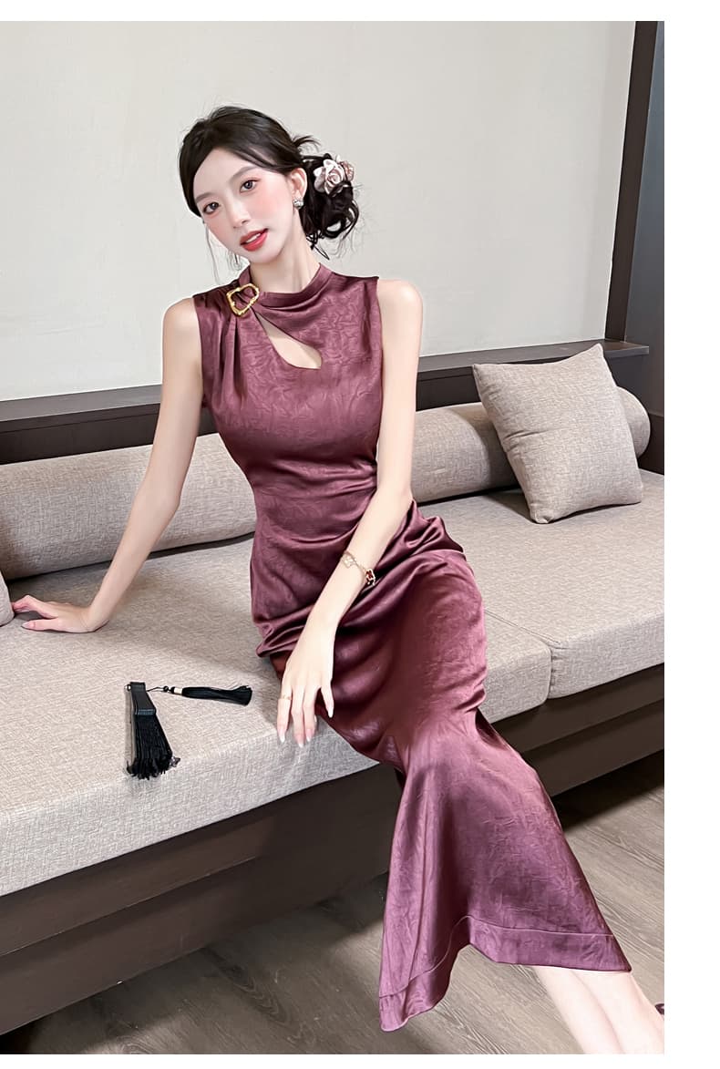 실사 2026 여름 새로운 럭셔리 빛 새틴 잡아라. 주름 질감 물방울 홀로우 아웃 맞춤 핀 핀치 Pleat 민소매 드레스 상세 이미지 13