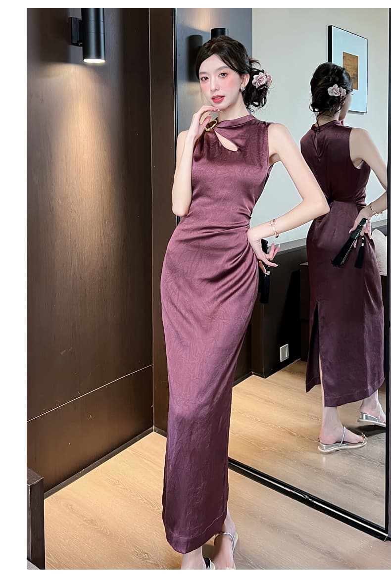 실사 2026 여름 새로운 럭셔리 빛 새틴 잡아라. 주름 질감 물방울 홀로우 아웃 맞춤 핀 핀치 Pleat 민소매 드레스 상세 이미지 14